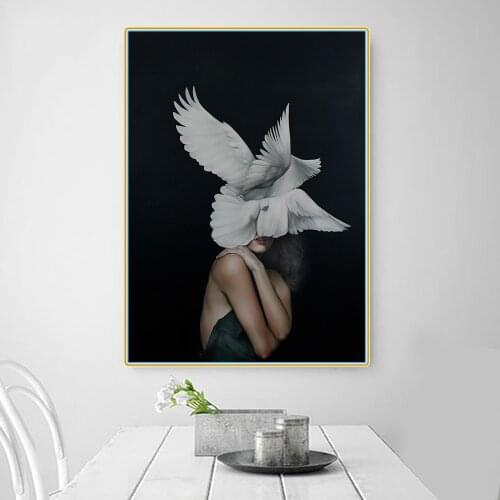 Citon Wing Feather Headwear Sexy Woman Surrealism Scandinavian Canvas Oil Painting Artwork Picture Wall Decor Home Decoration