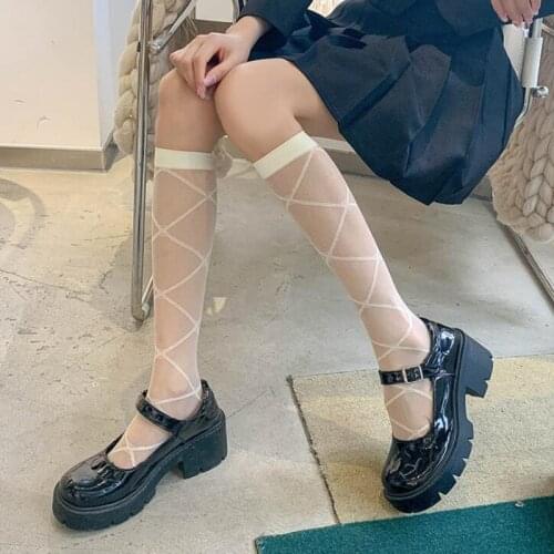 Lolita High Knee Socks Women Transparent Plaid Socks Female Jk Ultra-thin Long Socks Leg Girls Dress Calcetine Medias