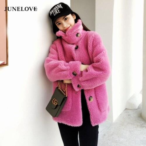 JuneLove Women Winter Sheep Shearing Faux Fur Jacket Coat White Wool Thick Warm Female Outwear Loose Single Breasted Pocket Coat