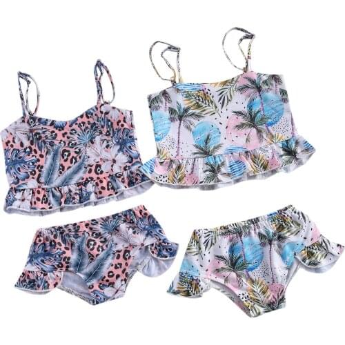 Girls Two-piece Swimming Clothes Set, Printing Sleeveless Suspender Tops + Shorts, White/ Coral Pink 2021 Summer New