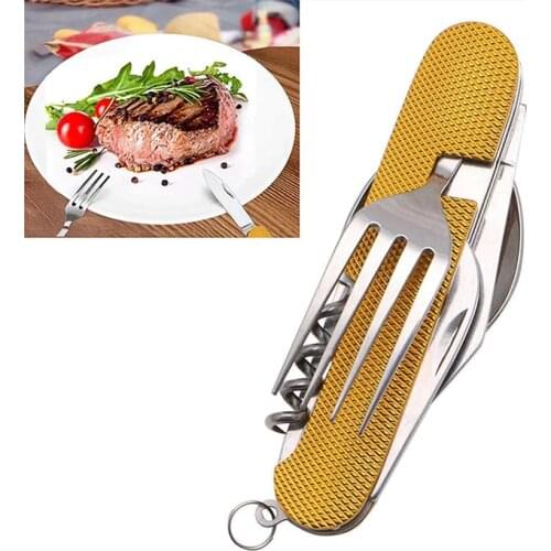 6 In 1 Camping Multi-function Tableware Portable Pocket Folding Knife Fork Spoon Stainless Steel for Outdoor Picnic Travel