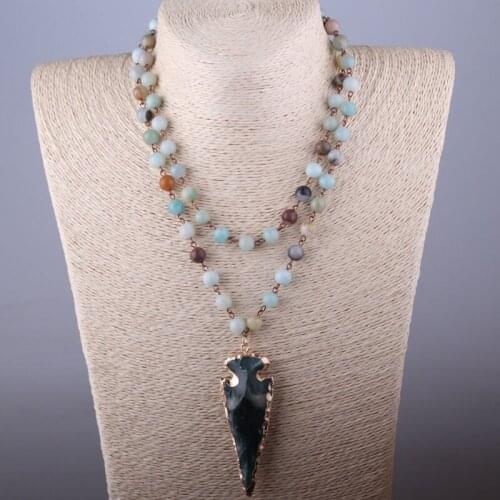 MOODPC Free Shipping Amazonite Stones Bohemian Tribal Jewelry Rosary Chain Greey Arrowhead Pendant Necklace