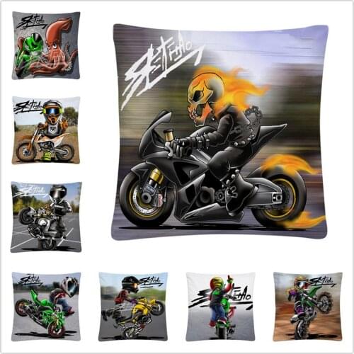 Stunt motorcycle Cartoon pattern Soft Short Plush Cushion Cover Pillow Case for Home Sofa Car Decor Pillowcase 45X45cm