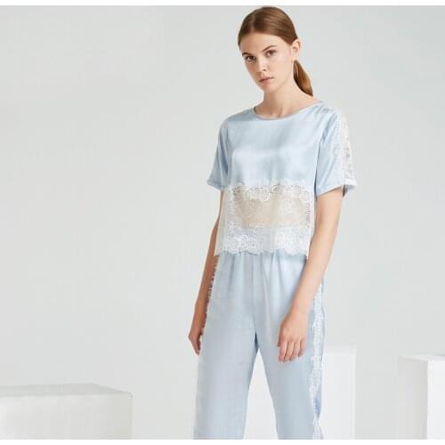 19 Momme Pajamas 100% Silk Lace Pajamas Set Womens Sexy Short-Sleeved Leisure Sleepwear Silk Nightwear Round Neck Pijamas