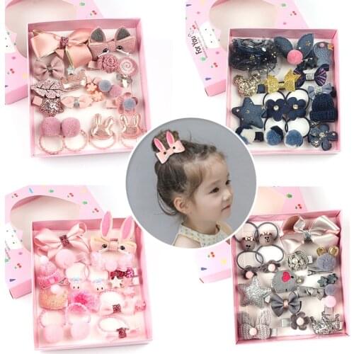Cute Children Hair Clips 18Pcs/Set 7 Color Girls Bow Headdress Hair Accessories Baby Elasticity Hair Ring Headband Jewelry Gift