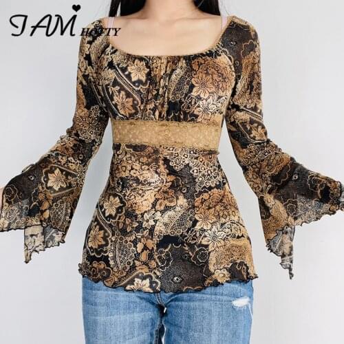 Mesh Floral Print T Shirt Women Vintage Slit Flare Long Sleeve Tops Slim Waist Lace Shirt Aesthetic Grunge Clothes Fall Iamhotty