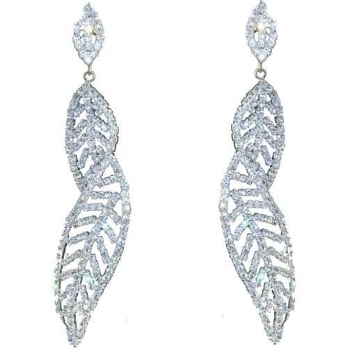 Chran Crystal Wedding Long Earrings Silver Plated Leaf Shape Rhinestone Bridal Earrings Bridesmaid Party Prom Jewelry