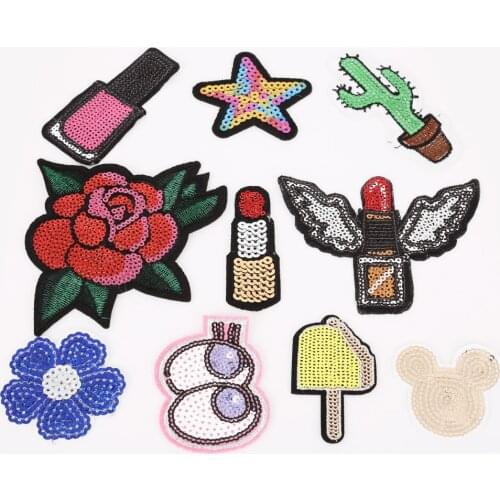 High Quality 10Pcs Shape Of Flower/Etc Patches Iron On Embroidered Sequin Appliques Badges Sticker For DIY Clothing Accessories