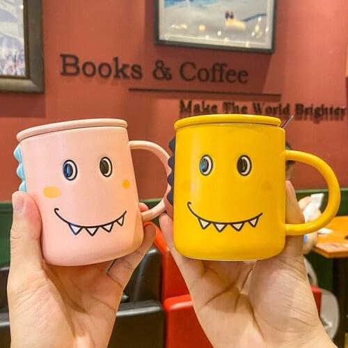 Funny Dinosaur Student Child Mugs For Home Milk Mug Couple Ceramic Cup With Lid Spoon Creative Office Coffee Mug Christmas Gift