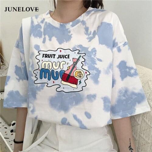 JuneLove 2021 Women Loose O-neck Cartoons Pink Blue Tie Dye T-shirts Female Summer Cute Short Sleeve Shirts Japanese Harajuku