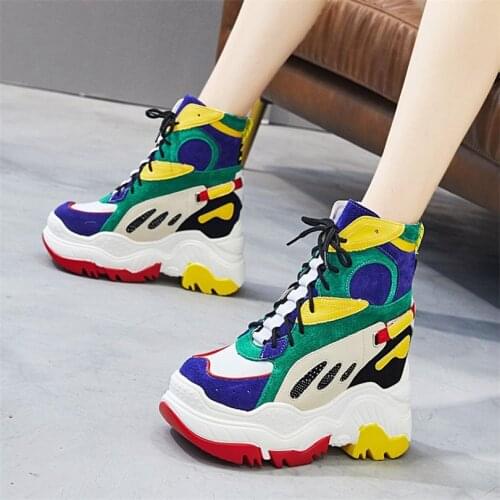2020 Punk Creepers Women Lace Up Genuine Leather Wedges High Heel Ankle Boots Female High Top Chunky Platform Fashion Sneakers