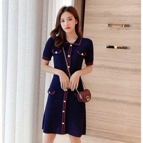 Contrast Colour Sloid Color Knitted Women Mini Dress 2020 Summer Runway Button O-Neck Short Sleeve Pocket Vintage Dress Female