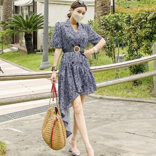 Fashion Summer Korean Casual Double Breasted Long Party Dress Ladies OL Vintage Short Sleeve Floral Sashes Button Ruffle Dress