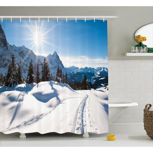 Winter Decorations Shower Curtain Panoramic Winter Scenery on Mountain with Sunny Weather and Trees Photo Bathroom Curtains