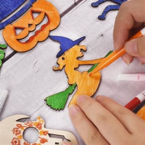 10pcs/Set DIY Halloween Pumpkin Decor Ghost Crafts Scrapbook For Home Decor Natural Wooden Party Halloween Ornaments Accessories