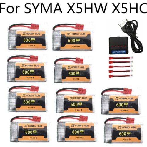 10pcs 3.7V 600mAh 30C lipo Battery for SYMA X5HW X5HC X5UC X5UW RC Drone Quadcopter Spare Parts 3.7 v 802540 +5 in 1 Charger