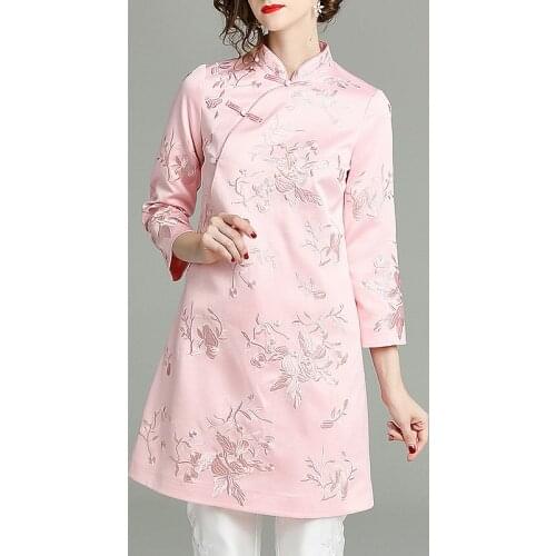 2021 traditional embroidery chinese lady party long tops for women chinese cheongsam tops improved retro cheongsam qipao blouse
