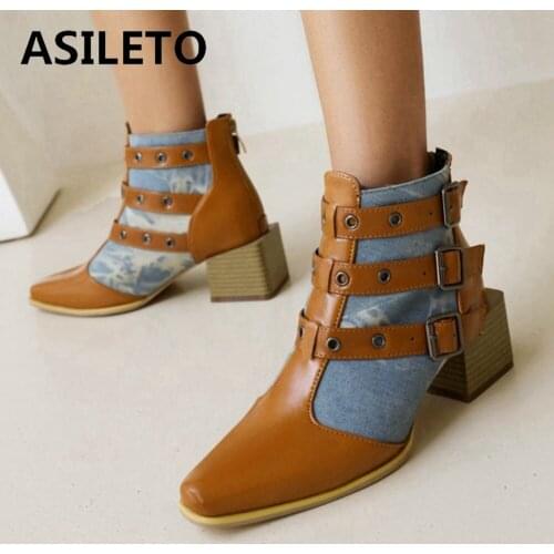 ASILETO 2021 Designer Brand Ankle Boots for Women Mixed Color Pointed Toe Square Mid Heel Buckles Zipper Buckles 48 S2448
