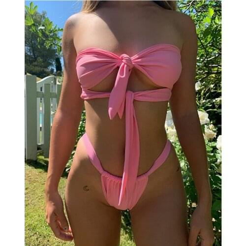 Bandeau Bikini 2021 Women Solid Red High Cut Push Up Bra Swmsuit Off Shoulder Front Tie Bandage Bathing Suit Thong Swimwear