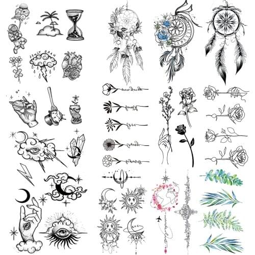 Black Graffiti Totem Fashion Finger Temporary Tattoos For Women Girl Dreamcatcher Flower Leaf Fake Tattoo Wrist Waterproof Tatoo