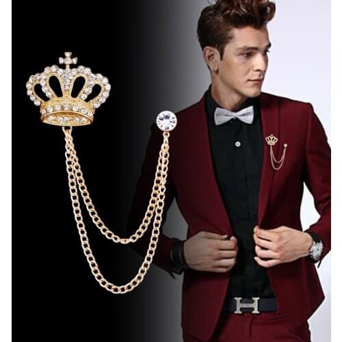 Korean Luxury Rhinestone Crown Brooch Pin Tassel Lapel Pins Suit Shirt Collar Badge Corsage Brooches for Men Jewelry Accessories