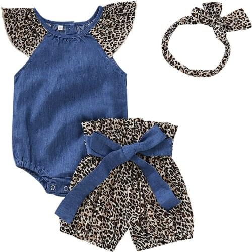 3PCS 0-24M Summer Infant Baby Girls Clothes Sets Tops Romper Leopard Pants Headband Outfits Sets Clothes