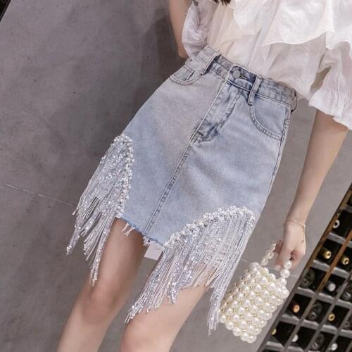 Summer Korean Women Denim Skirts Cute High Waist Package Hip A-line Fashion Beading Sequins Tassels Skirt Ropa Mujer Jeans