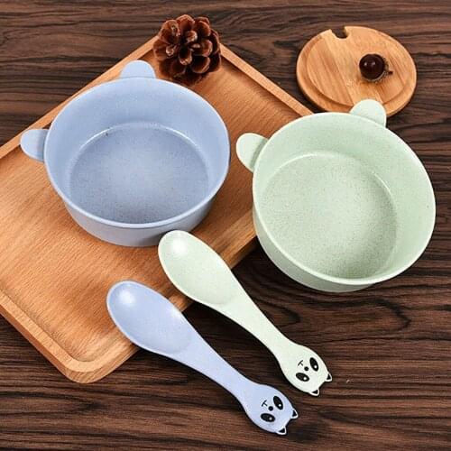 Wheat Straw Bowl Children Cartoon Tableware Set Cute Pandas Dinner Rice Serving Bowl Soup Food Spoon Wheat-Straw Dinner Plate