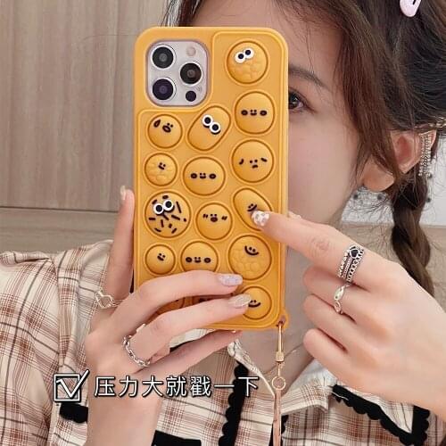 Cartoon Funny Emoticon Biscuit Pendant Phone Case for iphone 11 12 Pro Max XS XR 6S 7 8 Plus Relief Stress Bubble Soft Cover