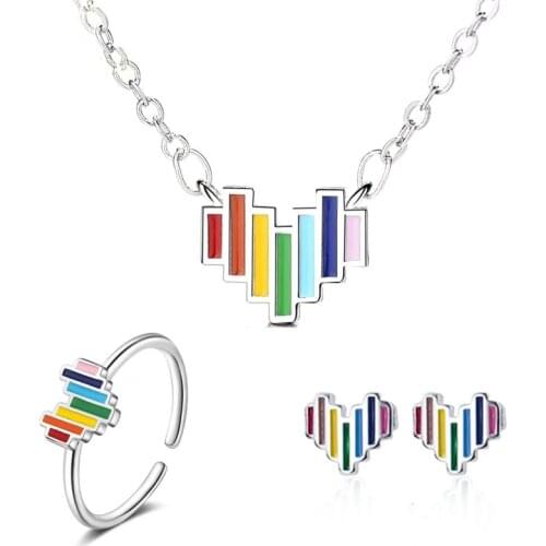 925 Sterling Silver Fashion Jewelry Sets For Women Creative Colorful Rainbow Necklace Earring Ring Party Gifts A021