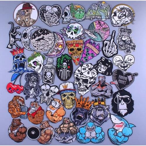 Punk Patch Sewing On Clothes Iron On Patches For Clothing Skeleton Sticker Skull Appliques Embroidered On Clothes Muscle Badge