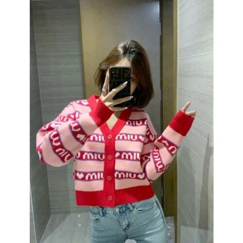 Autumn New Style V-neck Letter Loose Casual Striped Long Sleeve Single-breasted Fashion Knit Cardigan Em