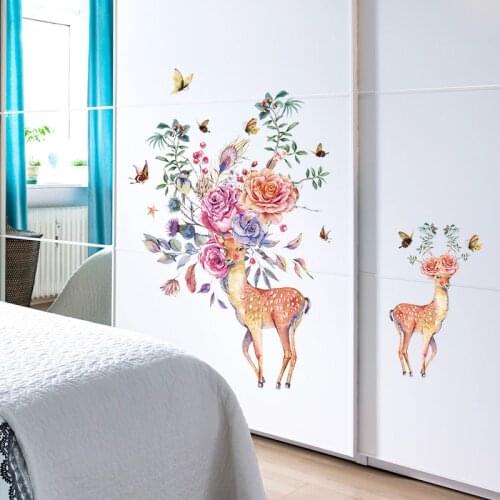 Vivid Sika Deer With Butterfly Flowers Wall Stickers For Bedroom Decoration Pastoral Scenery Pvc Wall Mural Art Home Decals