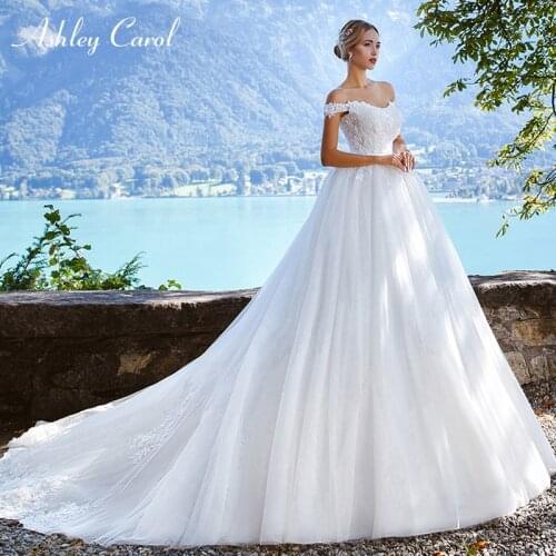 Ashley Carol Sexy Boat Neck Cap Sleeve Ball Gown Wedding Dresses Tulle Lace Up Bridal Dress Vintage Princess Dream Wedding Gowns