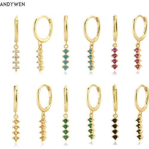 ANDYWEN Sterling Silver Line Zircon Rainbow 12 Color Drop Earring Women Fashion Piercing Clips Wedding Luxury Gems Jewelry