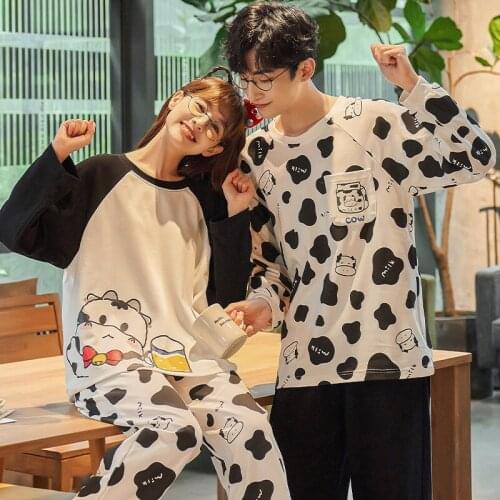 Boy Girl Fun Cartoon Pajamas Couples Lover Pullover Long Sleeve Trousers Pajama Jammies O-neck Nightwear Pyjamas 6535 Cotton CKE