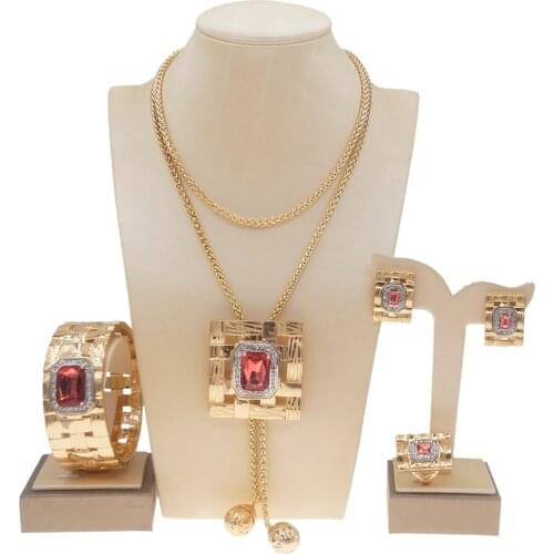 Yulaili 2021 New Square Long Necklace Inlaid Ruby Jewelry Set and Fashion Dubai Ladies Temperament Jewelry Sets Wholesale Gifts