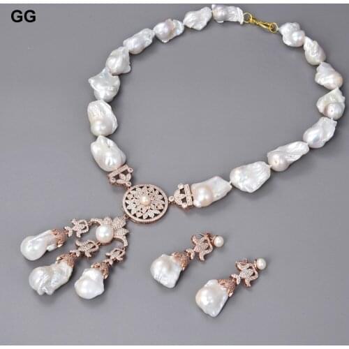 GuaiGuai Jewelry 20" Natural Freshwater White Keshi Baroque Pearl Necklace Earrings Sets Classic For Women