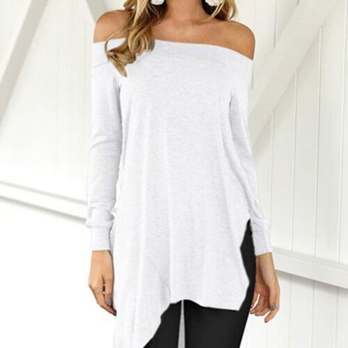 Womens Fashion T-shirts Irregular Hem Off Shoulder Solid Color Tees Spring Loose Casual Long Sleeve Pullover Tops