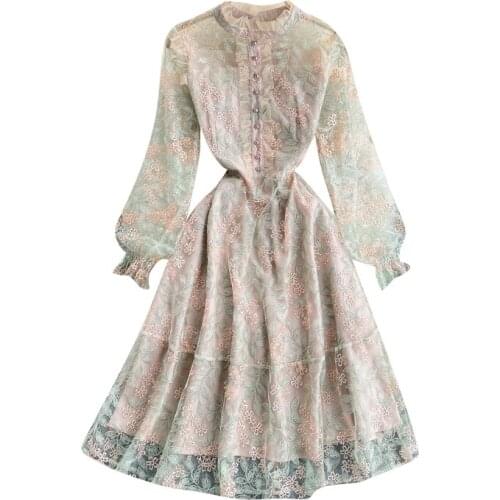 Embroidery Lace Dress Women French Elegant Long Sleeve A-line Dress sweet Autumn Fashion Streetwear Midi Dress Spring 2021