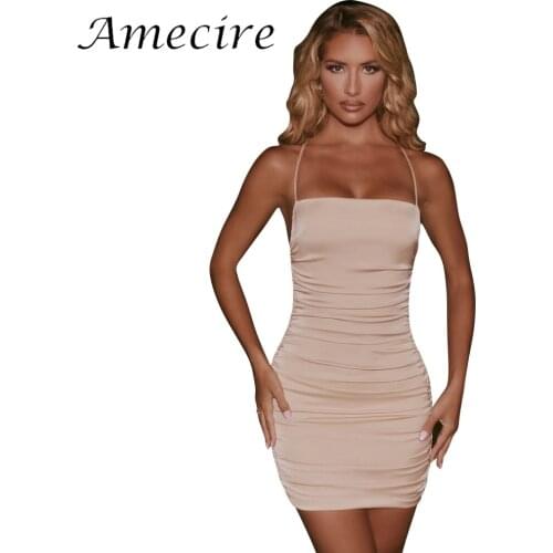 Amecire Backless Zipper Chain Sexy Outfit Clothes Ruched Lining Halter Holiday Beach Club Mini Dress Casual Womens Dresses