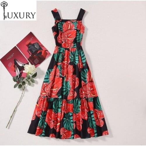 2020 New Hot Sale Summer Style Women Spaghetti Strap Red Green Leaves Print Mid-Calf Length Casual High Street Dress Boho