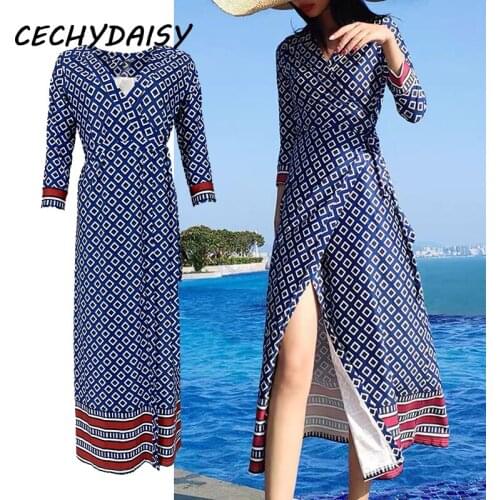 Boho Beach Dress Women Sexy V Neck Plaid Printed Stripe Printing High Waist Split Chic Ladyes Casual Dresses Vacationg Clothing