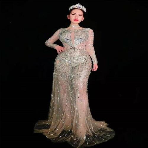 D55 Female sexy evening long dresses female Mesh Full diamond long bag hip skirt party show dance costumes stage wears clothes