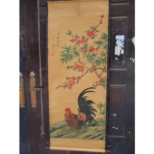 Collection Home wall decoration painting ,Chinese old paper scroll painting Qi bai shi "Rooster " animal Painting
