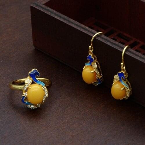 BOCAI New real S925 silver gold-plated burnt blue style enamel beeswax earrings auspicious cloud woman ring set