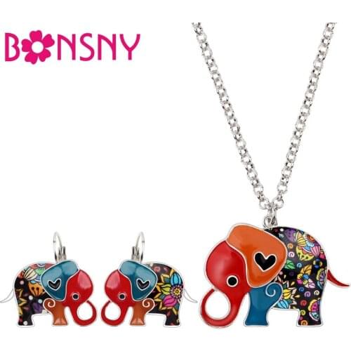 Bonsny Enamel Alloy Cartoon Elephant Earrings French Clip Necklace Collar Animal Jewelry Sets For Women Girls Teens Gift Charms