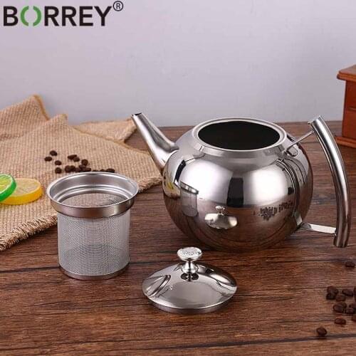 BORREY Stainless Steel Tea Pot With Removable Infuser Coffee Pot Induction Cooker Kettle Flower Tea Pot Metal Silver Tea Kettle