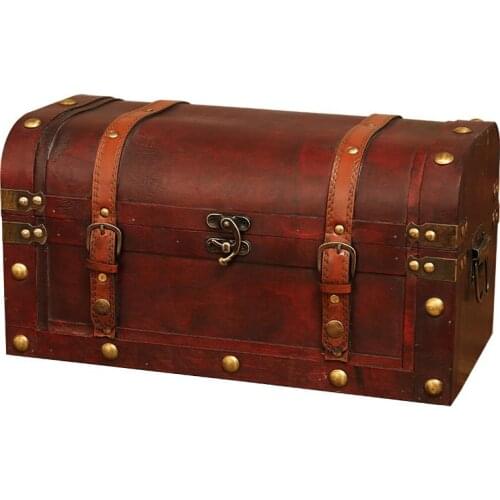 European Retro Wooden Box Red Leather Vintage Treasure Chest Jewelry Storage Box Photography Shooting Props Home Decoration