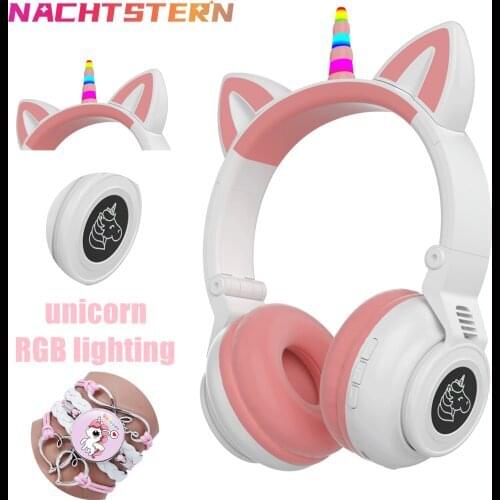 Kids Unicorn Wireless Headphones With Micrphone Control RGB Light Girls Music Stereo Helmet Mobile Phone Childrens Headset Gift